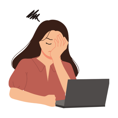 Illustration eines Menschen mit langen Haaren, der etwas frustriert vor einem Laptop sitzt